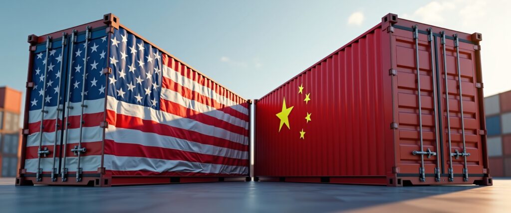 Two shipping containers, one draped in the American flag and another in the Chinese flag.