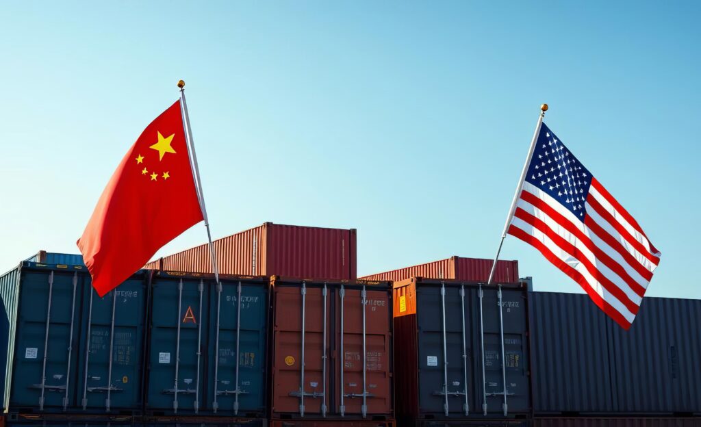 American and Chinese flags draped over containers, symbolizing trade