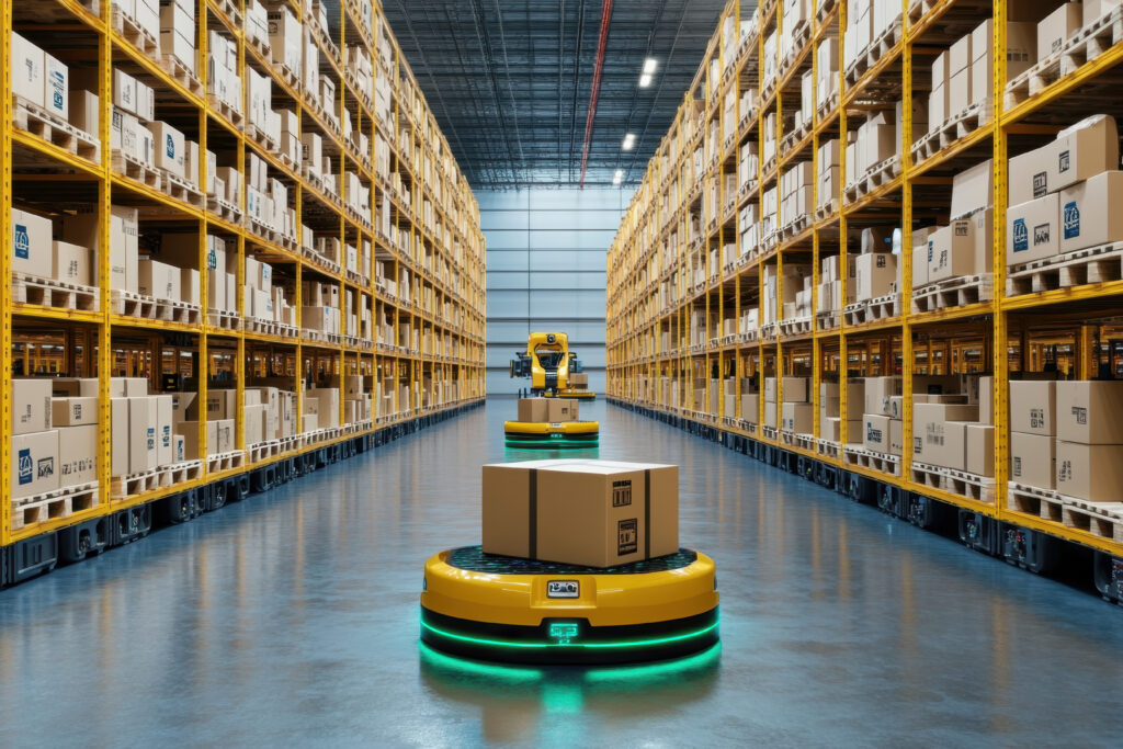 AGV (Automated guided vehicle) in warehouse logistic and transport.