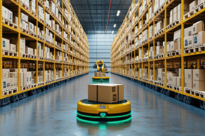 AGV (Automated guided vehicle) in warehouse logistic and transport.