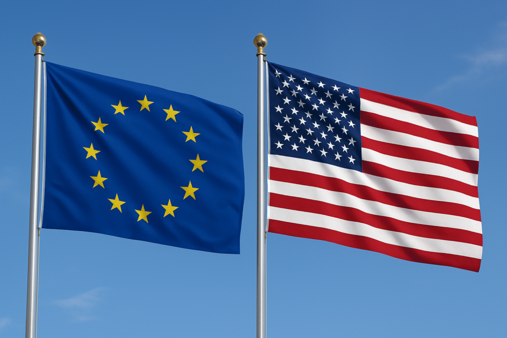 US and EU flags in front of a blue sky