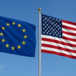 US and EU flags in front of a blue sky